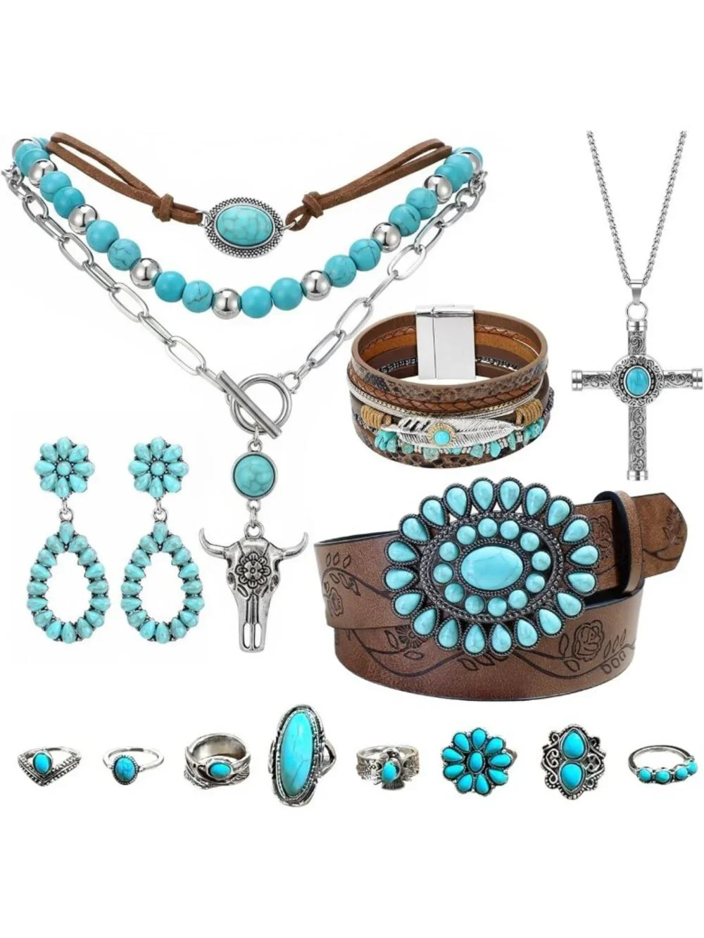19 Pcs Boho Turquoise Jewelry Set, Leather Belt, Dangle Earrings, Stackable
